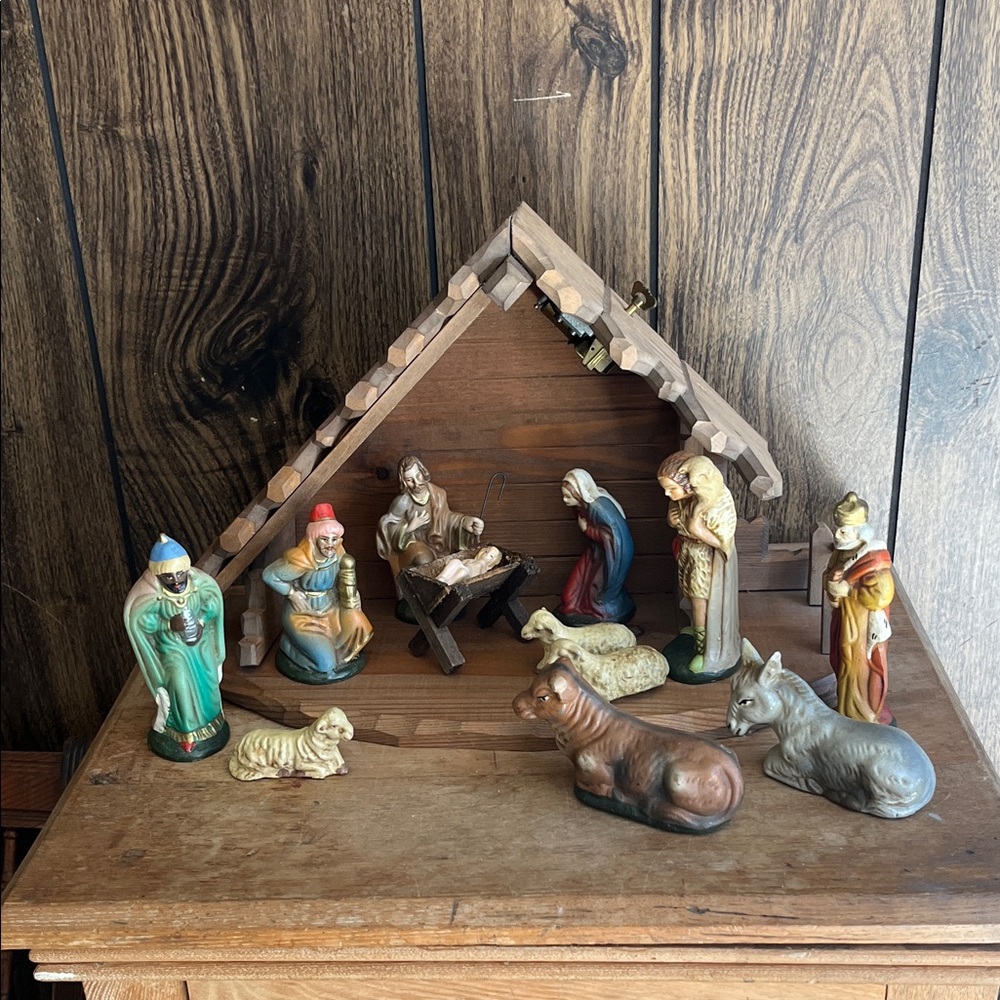 Vintage Nativity Scene Set with Wooden Stable and Music Box